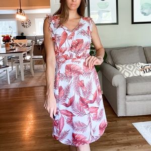 CABI - tropical palm print cinch waist v neck sleeveless sheer layered dress